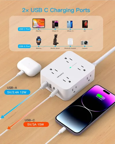 Vista 3 de Tiras de enchufes con protección contra sobretensiones - HANYCONY 8 salidas amplias con 4 puertos USB (2 USB C), extensor de enchufe de 3 lados