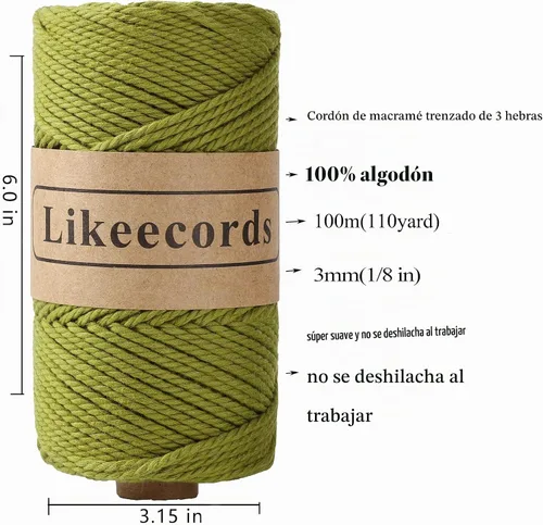 Vista 2 de Likeecords Cordón de algodón para macramé de 3mm x 100 metros, hilo torcido de 3 hebras, cuerda de macramé, hilo de algodón para macramé, cuerda