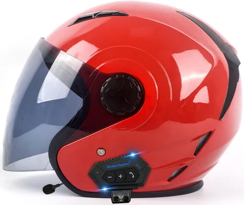 Vista 11 de Casco Bluetooth para motocicleta 3/4, casco retro abierto con visera solar, casco de moto Jet para hombres y mujeres adultos, casco aprobado por DOT