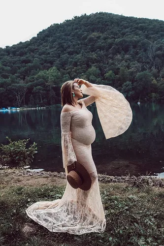 Vista 3 de Saslax Vestido de maternidad de encaje con hombros descubiertos para fotografía, maxi accesorios de maternidad, vestidos para sesión de fotos, baby