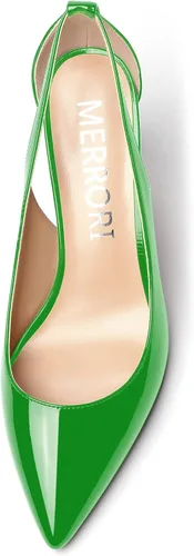 Vista 3 de MERRORI Zapatos de tacón alto grueso para mujer, tacón puntiagudo recortado, zapatos de patente de bloque de 3.3 pulgadas