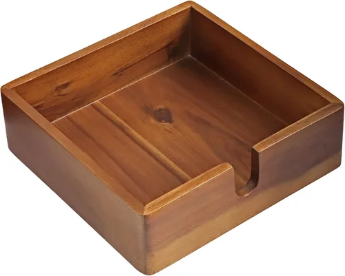 Vista 11 de Servilletero de papel de cóctel de acacia cuadrado de 5.4 x 5.4 pulgadas, bandeja de servilletas plana de madera, servilleta de cóctel