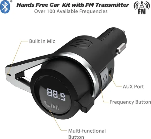 Vista 2 de Scosche Transmisor de radio FM Bluetooth para automóvil, kit manos libres con puertos de carga USB duales, cargador de coche USB A de 12 W + 20 W
