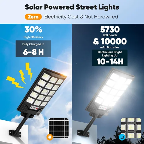 Vista 2 de Farolas solares impermeables para exteriores, 30000 lúmenes, 6500 K, luces LED con sensor de movimiento, luces de inundación solares con control