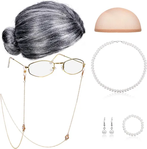 Vista 2 de Gejoy 7 Pcs Old Lady Wig Costume Set Grandma Hair Cap Glasses Chain Pearl Necklace for 100th Day of School Props Cosplay