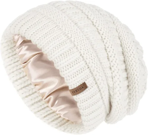 Vista 73 de FURTALK Gorro de invierno para mujer, con forro de satén, tejido trenzado, grueso, holgado, gorro cálido