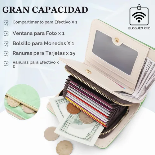 Vista 4 de KITEVIUN Cartera RFID delgada para mujer con doble pliegue, tarjetero con cremallera y monedero, cartera ultradelgada compacta con ventana