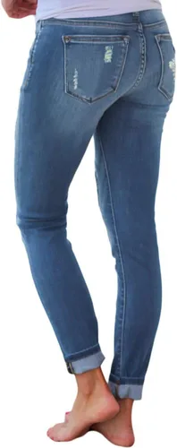 Vista 3 de Pantalones de mezclilla de pitillo Sexyshine, de talle alto, estilo muy delgado, con agujeros rasgados, largos, elásticos.