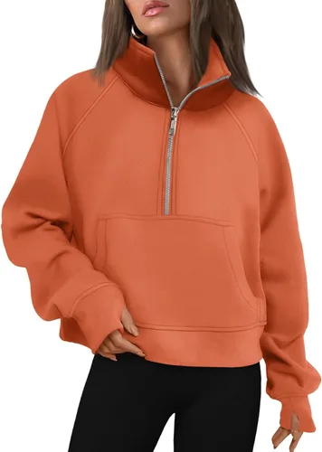 Vista 8 de AUTOMET Sudaderas con media cremallera para mujer, sudadera corta de vellón con cremallera de un cuarto, sudaderas con capucha para el otoño, a