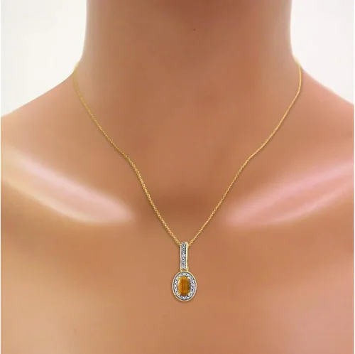 Vista 2 de Collar con colgante de diamante y ojo de tigre en oro amarillo de 14 quilates con cadena de oro de 177in diseño de halo de piedra natalicia