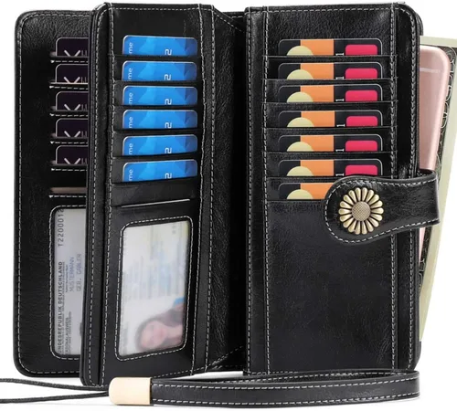 Vista 5 de Cartera de cuero genuino para mujer con correa, 24 ranuras para tarjetas, 2 compartimentos para tarjetas de identificación, ventanas para efectivo