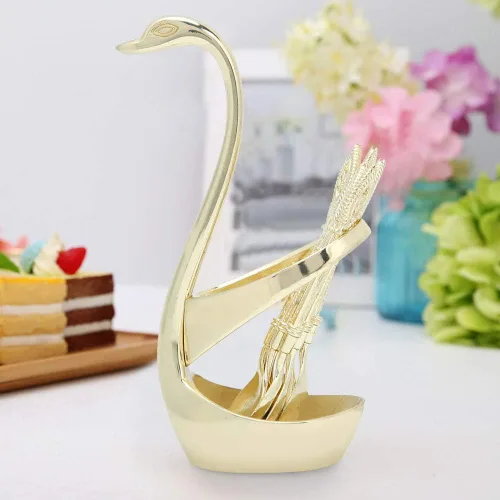 Vista 5 de Juego de cubiertos de cuchara de postre de acero inoxidable elegante para el hogar con soporte en forma de cisne (dorado)