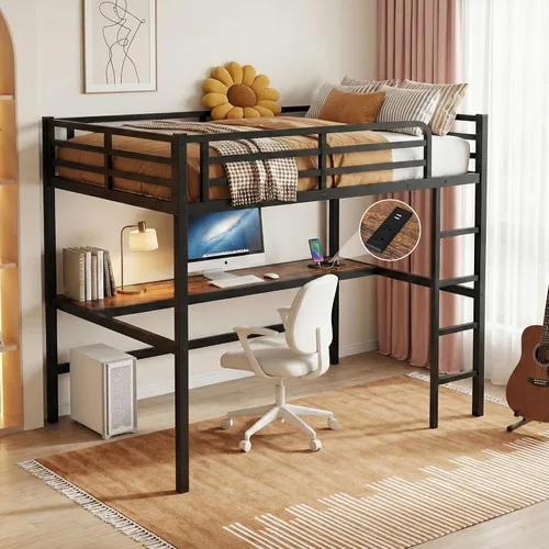 Vista 9 de MAKIAAP Cama alta individual con escritorio, marco de cama alta de metal con puerto de carga USB, luces LED y anclaje antivuelco, litera resistente