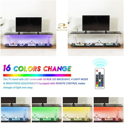 Vista 4 de Soporte de TV LED, mueble de consola de madera con patrón de mármol de imitación de escritorio y luces LED, centro de entretenimiento moderno