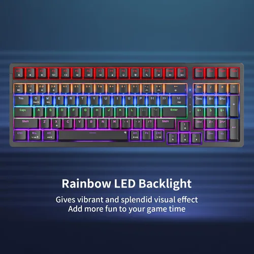 Vista 6 de Newmen GM328 - Teclado mecánico para juegos, 18 efectos retroiluminados LED, 100 teclas, teclado mecánico con cable con interruptor rojo lineal