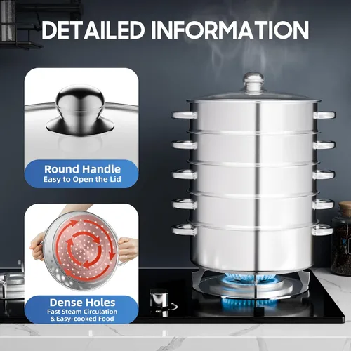 Vista 7 de Vaporizador de acero inoxidable de 5 niveles, vaporizador apilable de 11.0 in con tapa visible transparente, ollas de cocina de gran capacidad