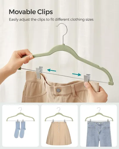 Vista 5 de SONGMICS Paquete de 30 perchas para pantalones y 50 perchas para ropa, perchas de terciopelo con clips ajustables, antideslizantes y ahorran