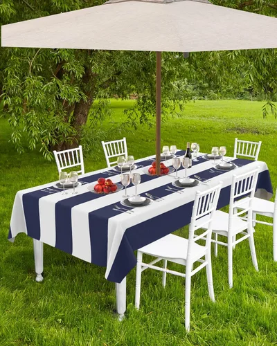 Vista 4 de Mantel rectangular para exteriores de 52 x 70 pulgadas, color azul marino y blanco, a rayas con agujero para paraguas, mantel con cremallera