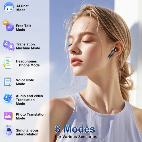 Vista 3 de Auriculares de traducción AI 2026 en tiempo real, 165 auriculares de traductor de idiomas 3 en 1 Bluetooth 5.4 con aplicación, auriculares de Negro