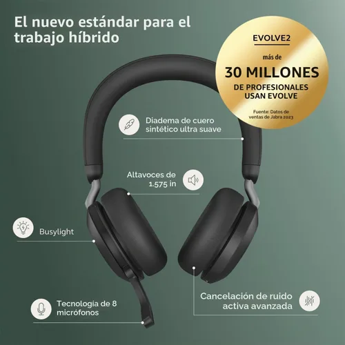 Vista 3 de Auriculares inalámbricos Jabra Evolve2 75 para PC con tecnología de 8 micrófonos - Auriculares estéreo de espuma dual con cancelación activa