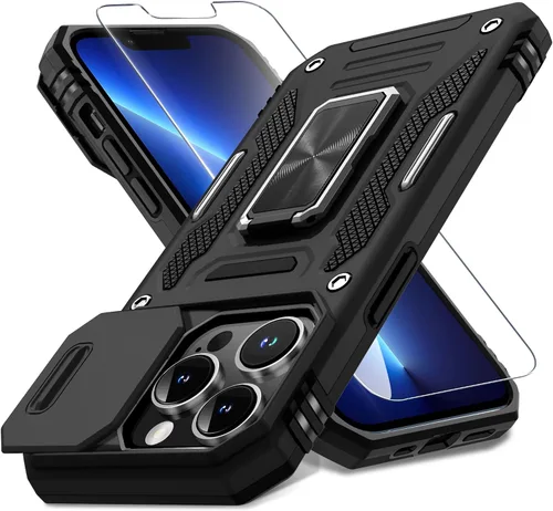 Vista 400 de DEERLAMN Funda para iPhone Xs Max con funda deslizante para cámara + protector de pantalla, soporte giratorio de anillo de grado militar a prueba