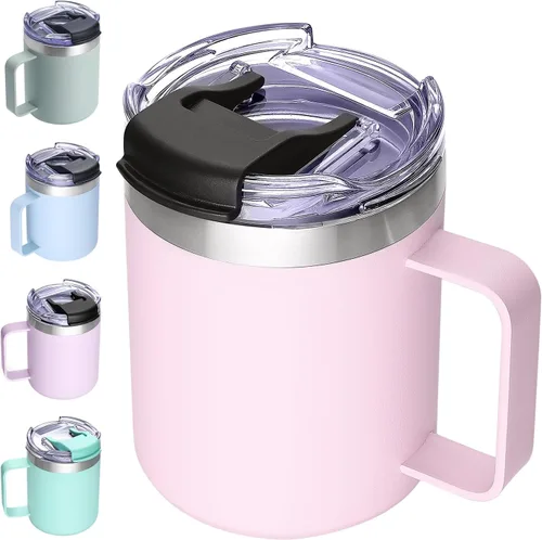 Vista 19 de Taza de café aislada de 12 onzas con asa, taza de café de viaje de acero inoxidable con tapa abatible, vaso de café de doble pared con aislamiento