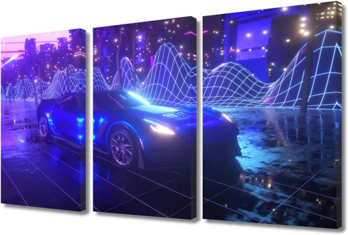 Vista 102 de Arte de pared de 3 piezas de escena de ciencia ficción de la calle comercial futurista paisaje urbano, decoración de pared para dormitorio