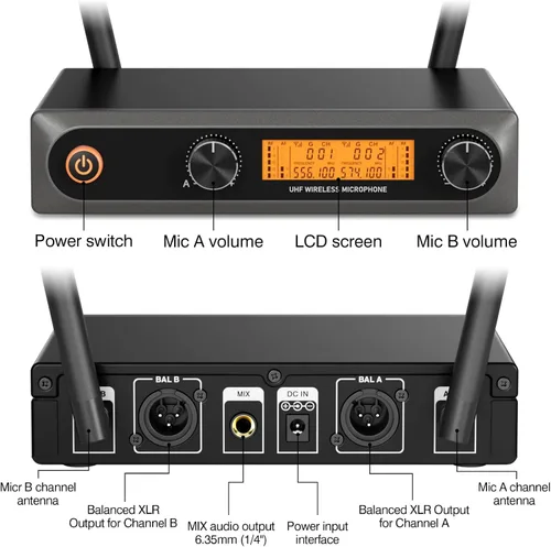 Vista 8 de Sistema de micrófono inalámbrico, micrófonos inalámbricos sin cable duales UHF de metal, micrófono de mano, juego de micrófono inalámbrico