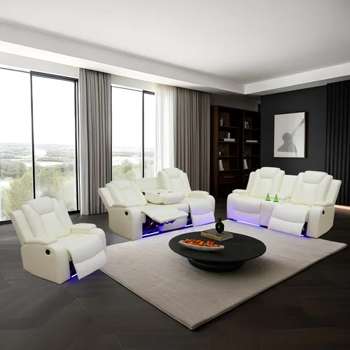 Vista 14 de Juego de sofá modular reclinable eléctrico con luz LED, juego de sofá modular reclinable de cuero, incluye sillón reclinable individual, juego