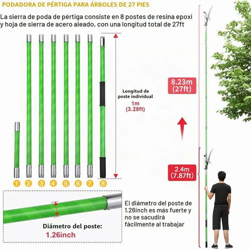 Vista 4 de Podadora de poste de árbol de 27 pies, ramas manuales, recortadora de ramas de árbol, herramientas de jardín, sierras de poste de mano, sistema