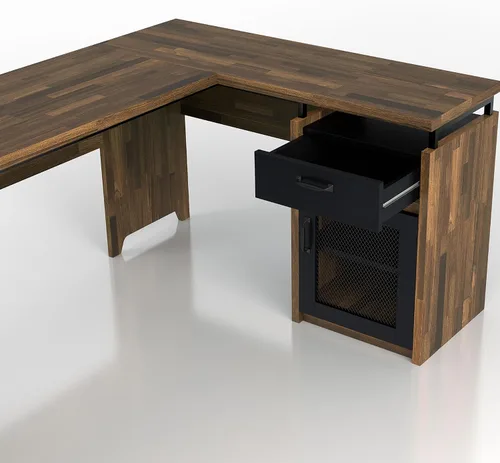 Vista 9 de 24/7 Shop at Home Deandre Farmhouse - Escritorio de computadora de madera en forma de L con 1 cajón con estante ajustable, puerta de gabinete