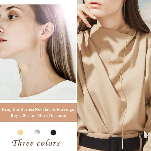 Vista 2 de FOCALOOK Collares largos para mujer, chapados en oro de 14 quilates, delicado colgante de barra de gota en forma de Y, juego de aretes de 28 pulgadas