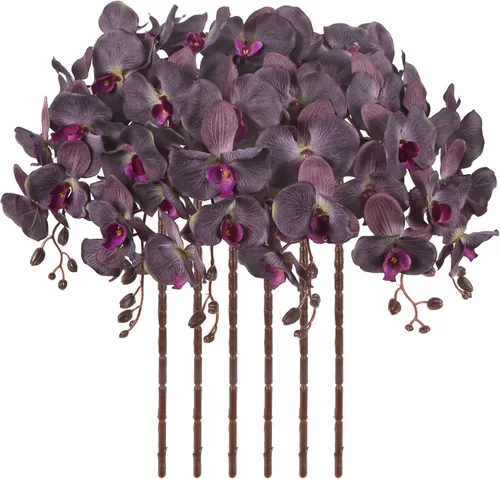Vista 16 de Orquídeas artificiales de 38 pulgadas, 6 unidades, orquídeas falsas rosas, orquídeas de seda de terciopelo, flores artificiales de tallo largo