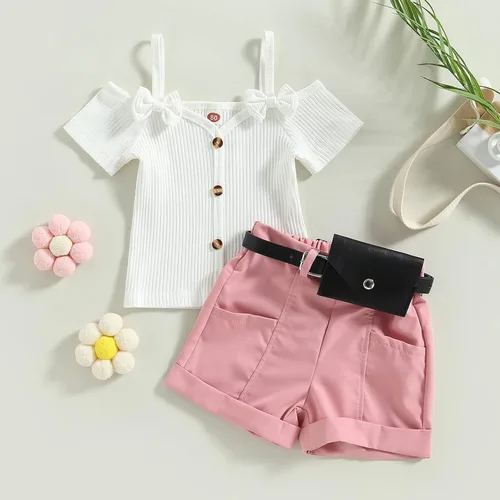 Vista 62 de TheFound Trajes de verano para niñas pequeñas, sin mangas, de punto acanalado, halter, pantalones cortos, ropa para recién nacidos, conjunto de 3