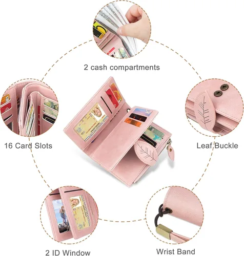 Vista 6 de CONISY Cartera pequeña para mujer, cartera compacta de cuero plegable con correa de muñeca con bloqueo RFID para mujer, Rosado, Moderno