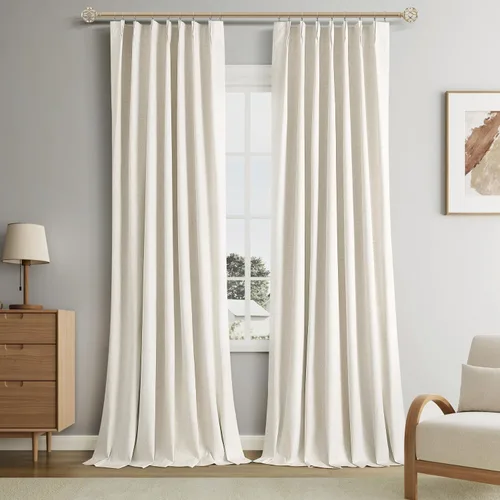 Vista 21 de Cortinas opacas plisadas de lino beige y blanco de 90 pulgadas de largo para dormitorio o sala de estar, juego de 2 paneles, oscurecimiento