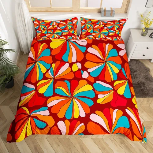 Vista 25 de Juego de ropa de cama Groovy de los años 60 y 70 para niños, funda de edredón retro de flores hippie para niños, adolescentes, vintage, bohemio