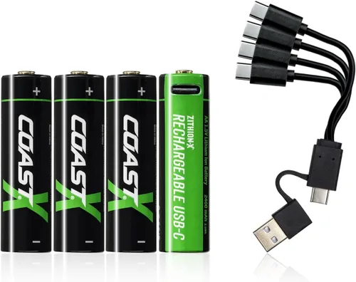 Vista 10 de Coast Baterías recargables AA USB-C, ZITHION-X, iones de litio de 1.5 V 2400 mAh, larga duración, se carga menos de 2.5 horas, cable de carga