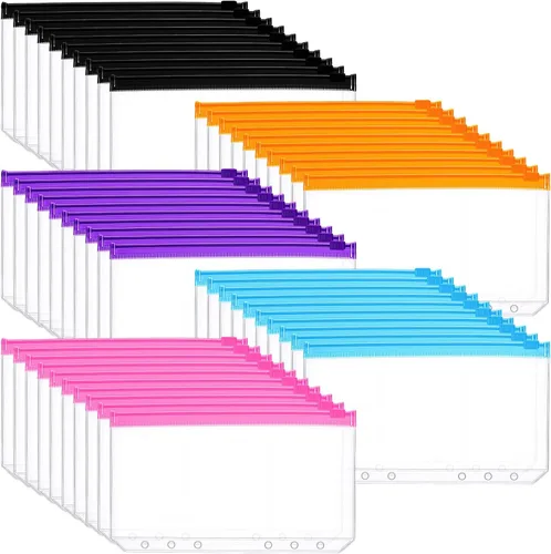 Vista 10 de Leinuosen 50 bolsillos para carpetas A6, 6 agujeros, color negro, con cremallera, impermeables, para presupuesto, sobres reutilizables
