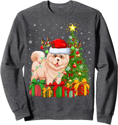 Vista 5 de Xmas Tree Lighting Santa Chow Chow Dog Christmas Sweatshirt