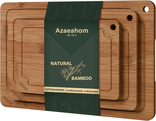 Vista 11 de Tablas de cortar de bambú para cocina, juego de tablas de cortar de madera con ranuras para jugos y asas incorporadas, fácil almacenamiento