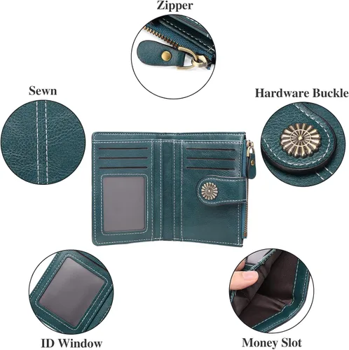 Vista 7 de Billetera pequeña para mujeres bifold portador de tarjetas de crédito con bloqueo RFID con bolsillo con cremallera, A01 verde , Compacto