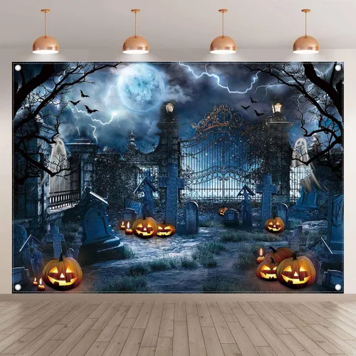 Vista 2 de Fondo de fotografía de cementerio embrujado de Halloween de 7 x 5 pies, farol de calabaza, espeluznante noche y luna, decoración de fiesta fantasma