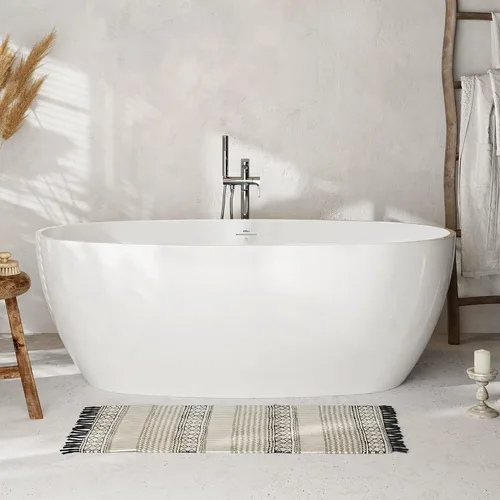 Vista 10 de FerdY Tahití - Bañera de acrílico independiente de 55 pulgadas, elegante bañera de remojo de forma ovalada, blanco brillante, drenaje dorado