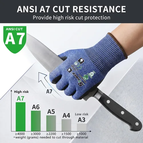 Vista 2 de Schwer 3 pares de guantes de trabajo resistentes a cortes A7, pulgar Azul