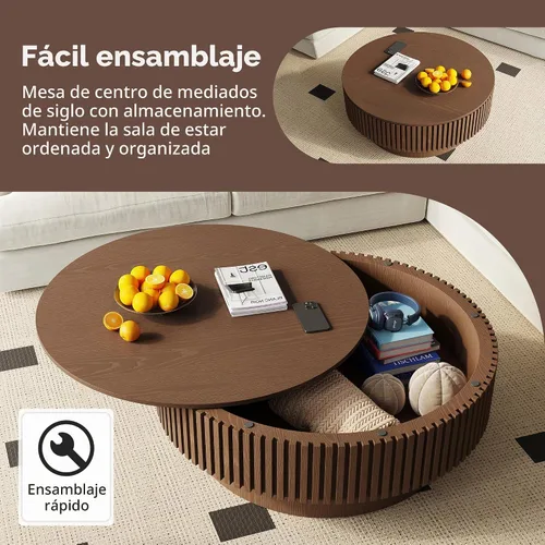 Vista 8 de Mesa auxiliar redonda con almacenamiento, modernas mesas de centro de madera estriada con base resistente, mesa de té central circular de tambor