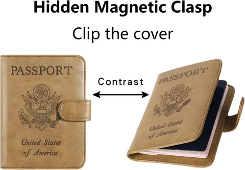 Vista 5 de Funda para pasaporte, cartera con bloqueo RFID, funda de piel para tarjetas, accesorios de viaje para mujeres y hombres, 111#Marrón, Ranura