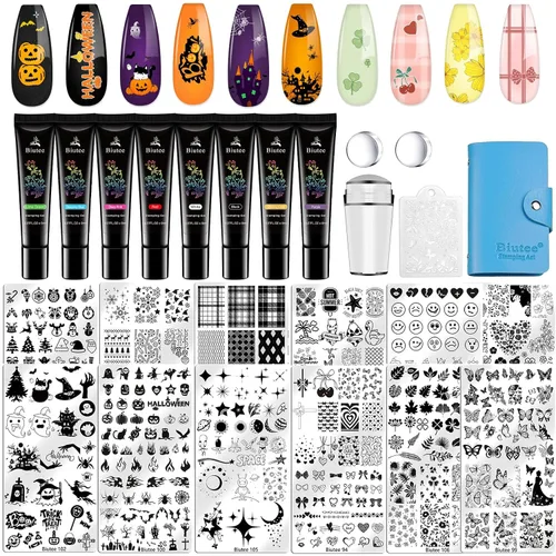 Vista 15 de Biutee - Juego de 10 placas de estampado de uñas, diseño de Halloween, kit de estampado de uñas 14 piezas