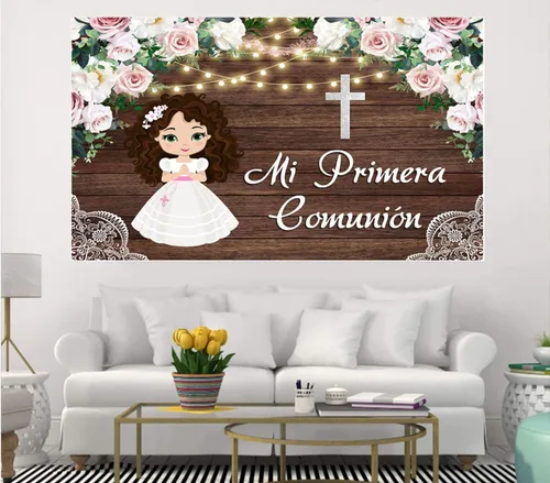 Vista 4 de Fondo fotográfico Flores bautismales, panel de pared de madera marrón, cortina de fondo decorativo para estudio de fotografía (5 x 3 pies)