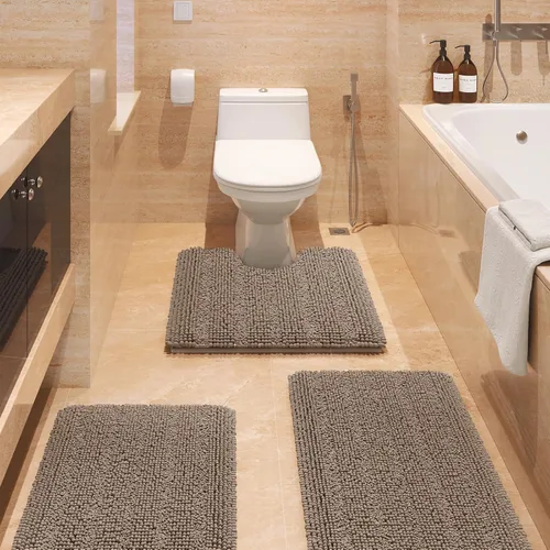 Vista 39 de ACCUMTEK - Juego de alfombras de baño a rayas beige de 3 piezas, ultrasuaves, antideslizantes de chenilla, alfombras de baño mullidas y absorbentes